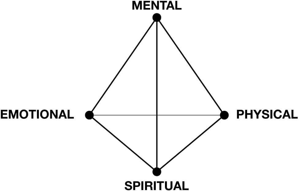 tetrahedron diagram of the four intelligences-mental, physical, spiritual, emotional