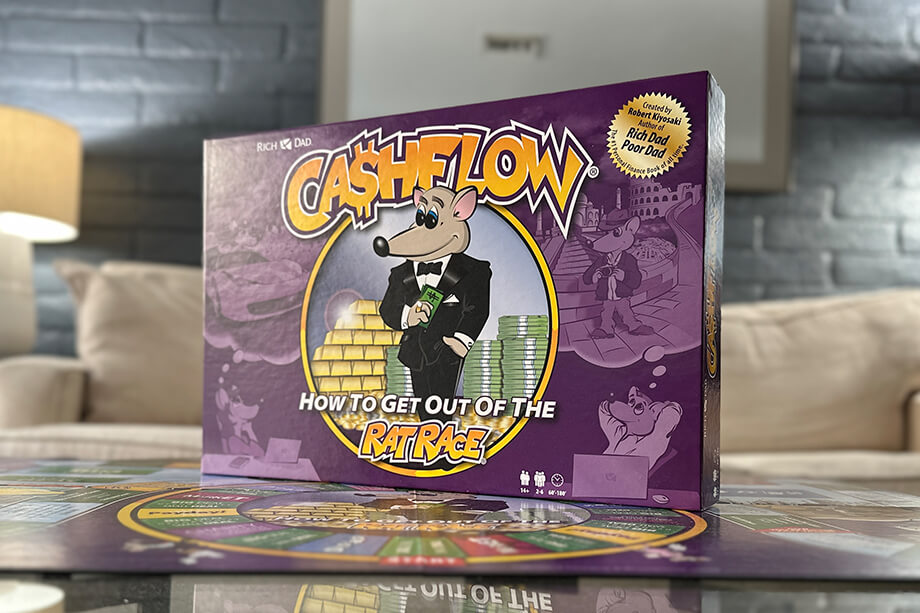 photo of cashflow board game box on living room table