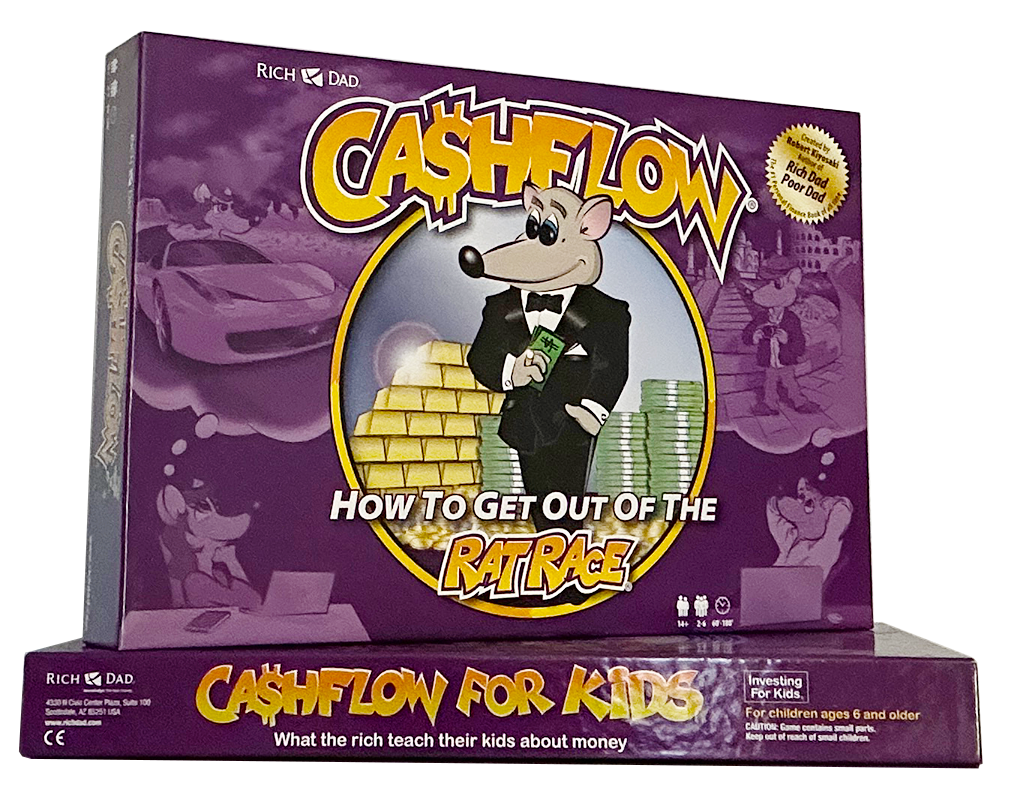 photo of cashflow board game box resting on top of cashflow for kids box