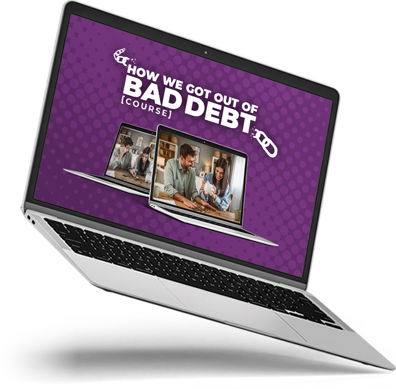 image of laptop facing right with promo for rich dad how we got out of bad debt online course on screen
