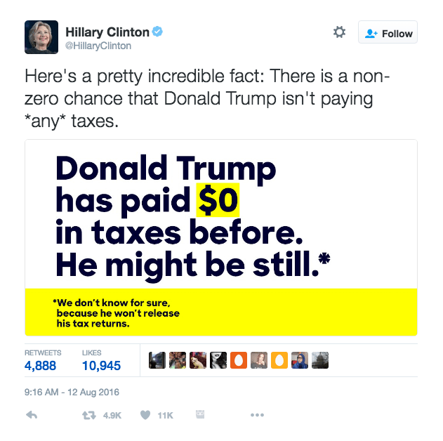 img of hillary clintons taxes quote on donald trump